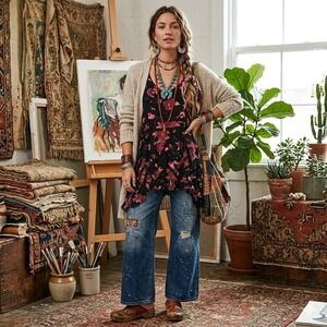 Free People Floral Lace Trim Babydoll Tank Top S 1970s Tunic Black Pink Boho